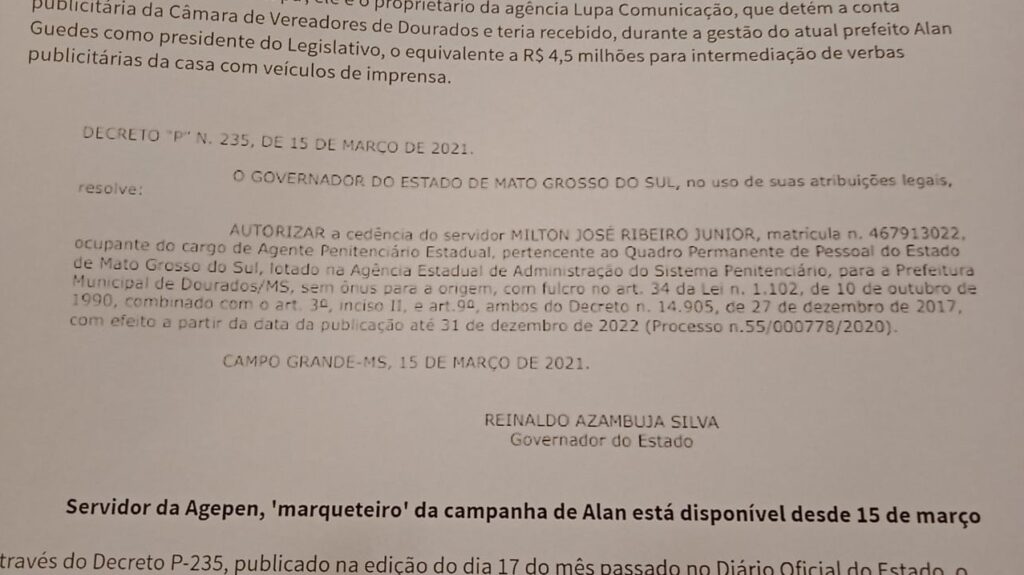 Na Câmara, Alan Guedes repassou cerca de R$ 800 mil para Alfredo Barbara