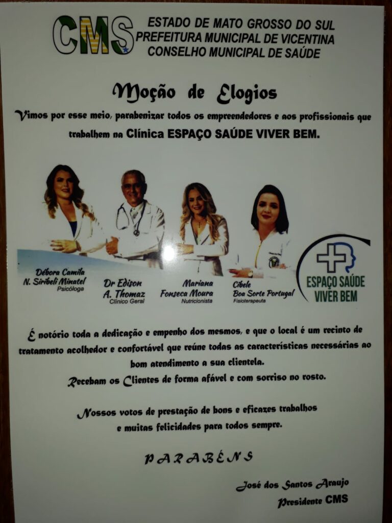 Vicentina: Conselho Municipal de Saúde homenageia a Clínica Espaço Saúde Viver Bem