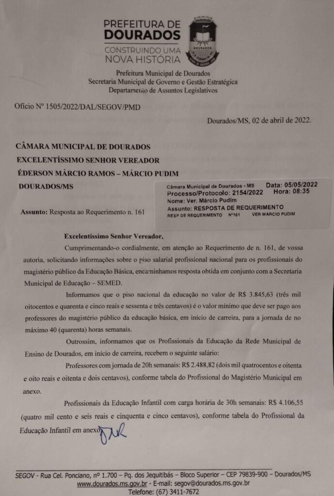Prefeitura responde requerimento sobre piso salarial do professor com sofisma Prefeitura responde requerimento sobre piso salarial do professor com sofisma