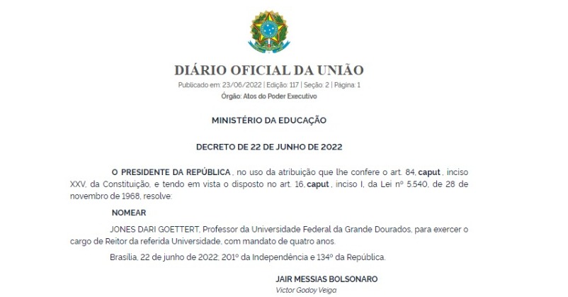 Decreto dá fim à intervenção da UFGD, um dia após a prisão de ministro envolvido na trama