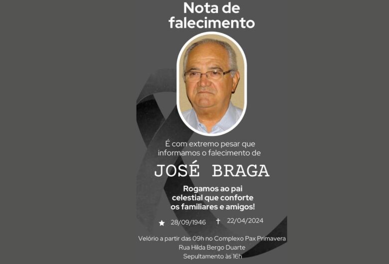 Morre em Dourados o ex-vereador José Braga aos 77 anos no Hospital Evangélico