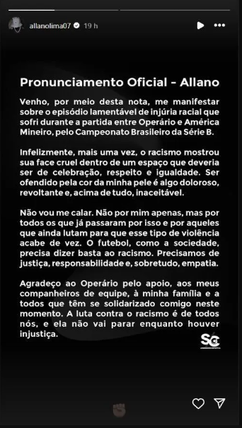 'Cruel, doloroso e revoltante', jogador se manifesta após sofrer racismo em campo 'Cruel, doloroso e revoltante', jogador se manifesta após sofrer racismo em campo