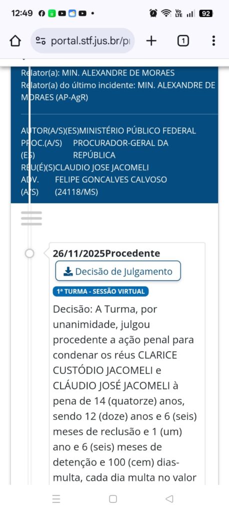 STF impõe 14 anos de pena a aposentados de Naviraí por crimes do 8/1