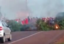 BR-163 é bloqueada; manifestantes usam pneus e galhos de árvores em chamas