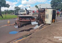 Guincho tomba em rotatória movimentada e deixa motorista ferido em Campo Grande