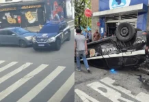 Viatura de polícia ignora 'pare', capota em acidente e deixa 3 feridos