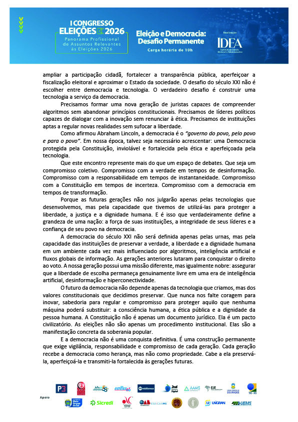 Carta de ideias e ideais do IDEA I Congresso Eleições 2026