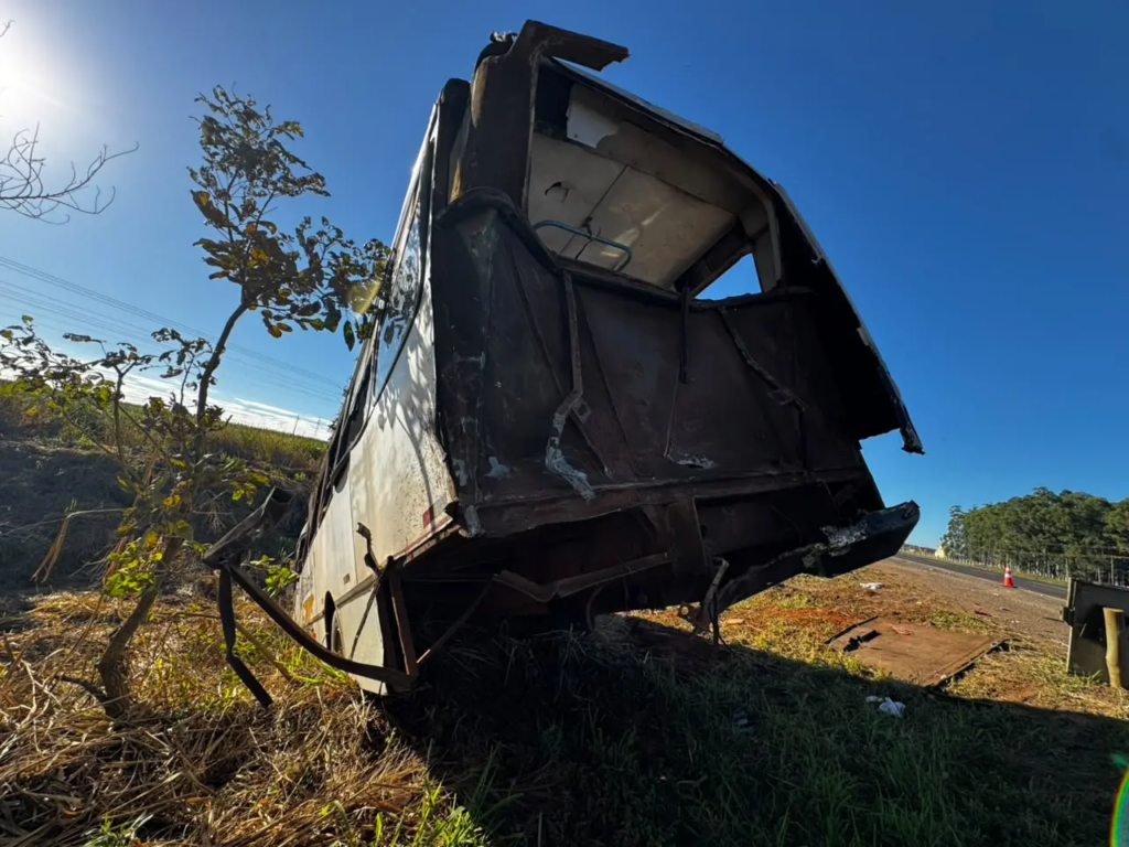 BR-163: após batida com cegonha, ônibus para em ribanceira; confira as imagens BR-163: após batida com cegonha, ônibus para em ribanceira; confira as imagens
