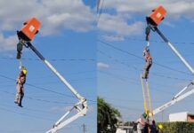 Cesto de caminhão falha e deixa trabalhador pendurado pelo cinto de segurança