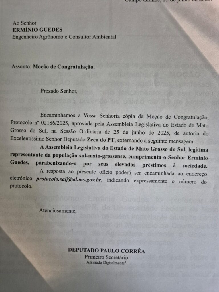 Erminio Guedes recebe nesta terça-feira, o 'Prêmio Coração Verde' da Câmara de Dourados