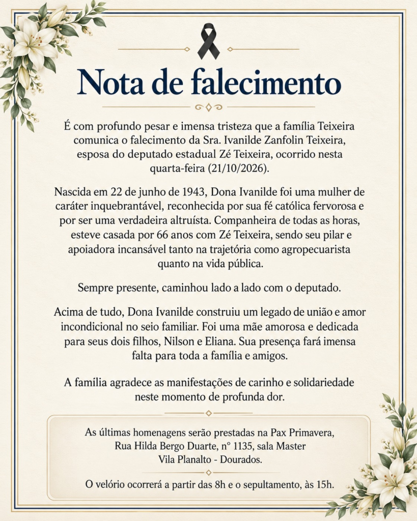 Morre em Dourados, aos 83 anos, Ivanilde Zanforlin Teixeira, esposa do deputado Zé Teixeira Morre em Dourados, aos 83 anos, Ivanilde Zanforlin Teixeira, esposa do deputado Zé Teixeira