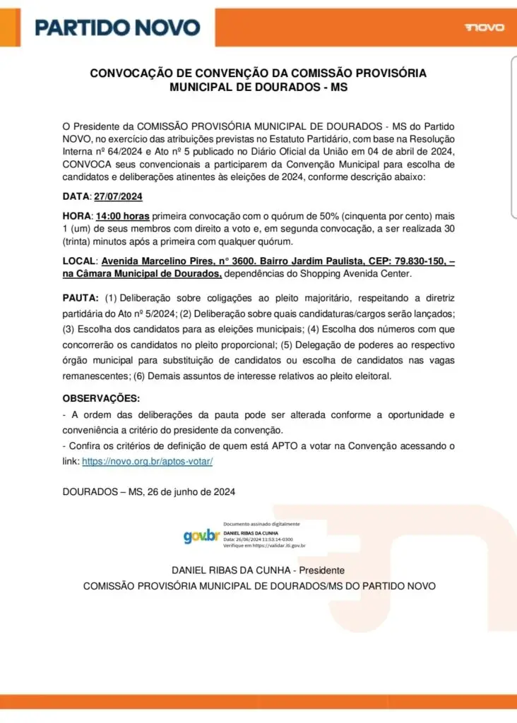 Gianni mantém pré-candidatura, Pollon e Tereza fracos, NOVO, Japorã, Naviraí e PSOL