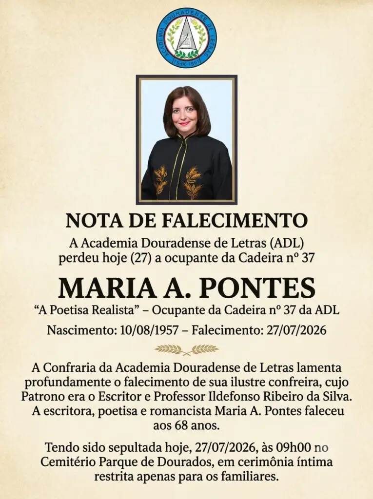 Morre Maria A. Pontes – 'A Poetisa Realista” – Ocupante da Cadeira nº 37 da Academia Douradense de Letras