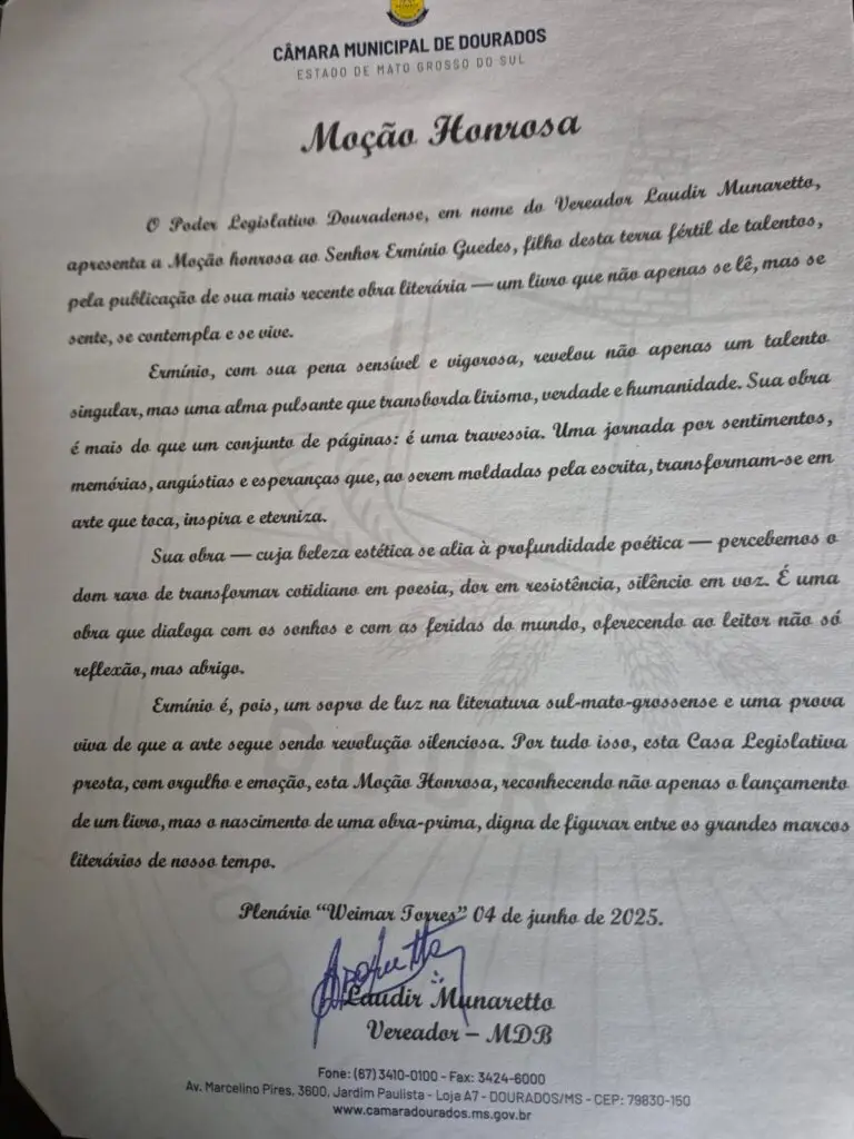 Erminio Guedes recebe nesta terça-feira, o 'Prêmio Coração Verde' da Câmara de Dourados