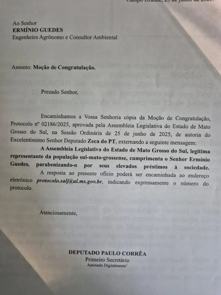 Erminio Guedes recebe nesta terça-feira, o 'Prêmio Coração Verde' da Câmara de Dourados