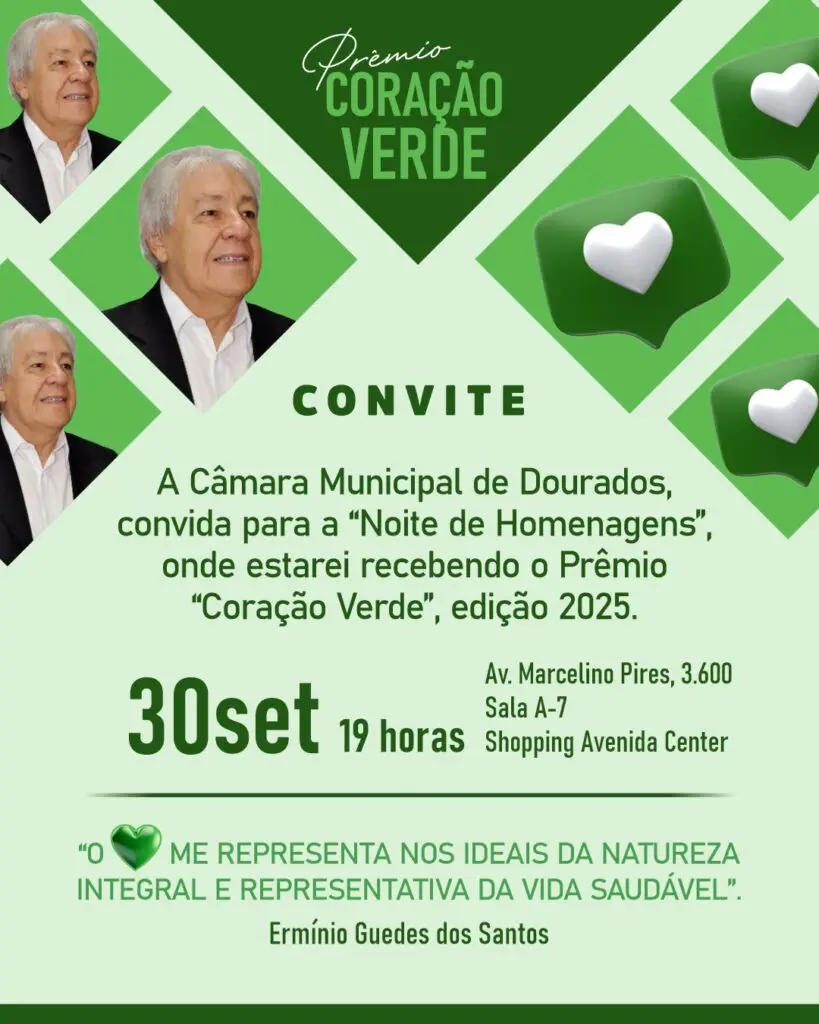 Erminio Guedes recebe nesta terça-feira, o 'Prêmio Coração Verde' da Câmara de Dourados
