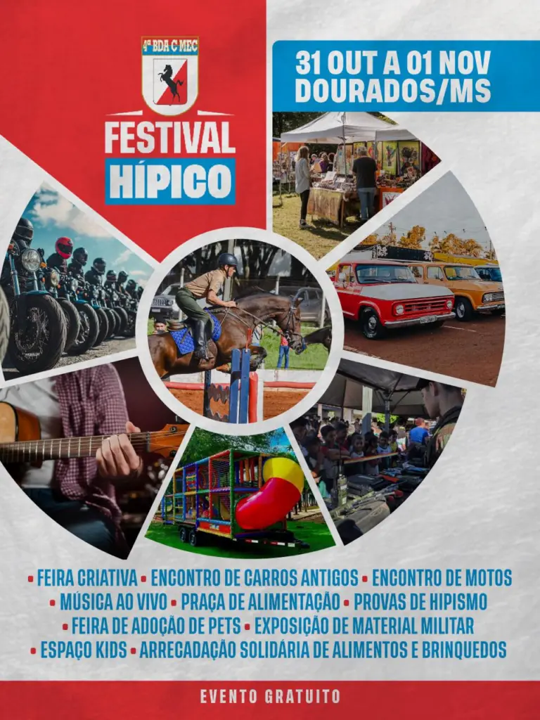 Dourados: evento reúne hipismo, material militar, feira criativa, música, adoção Pet, espaço kids, motos e carros antigos Dourados: evento reúne hipismo, material militar, feira criativa, música, adoção Pet, espaço kids, motos e carros antigos
